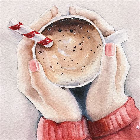 Original Watercolor Painting Winter Mood Christmas Mood Coffee
