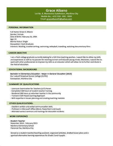 sample resume format  fresh graduates  page format
