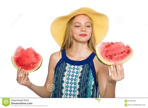 The Woman With Watermelon Isolated On White Stock Photo Image Of