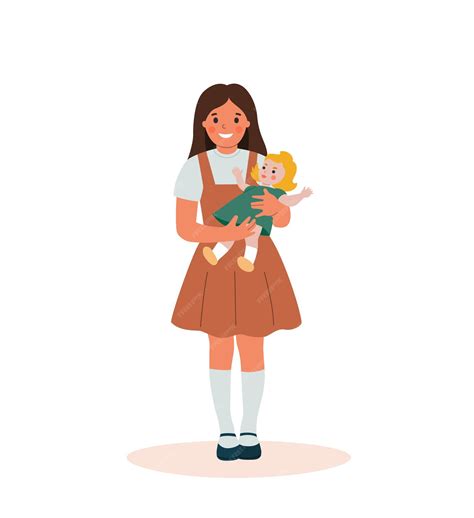 Premium Vector Little Girl Holding Doll Isolated Vector Flat Style
