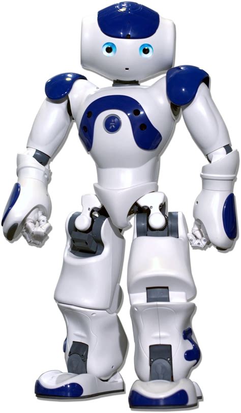 A White And Blue Robot Is Standing In Front Of A White Background With