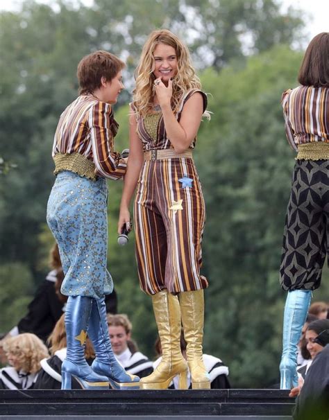 my my how can we resist these first photos of lily james in costume on the mamma mia here we