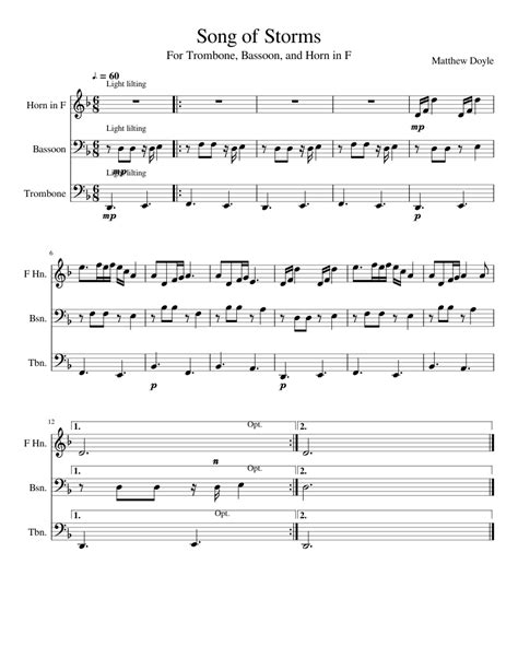 Browse our 12 arrangements of song of storms. sheet music is available for piano, alto flute 1, alto flute 2 and 7 others with 3 scorings and 1 notation in 3 genres. Song of Storms sheet music for French Horn, Bassoon, Trombone download free in PDF or MIDI