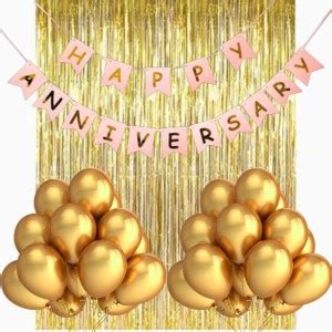 Wonder Decoration Combo Happy Anniversary Pink Banner Gold Fringe Golden Balloons Set Of