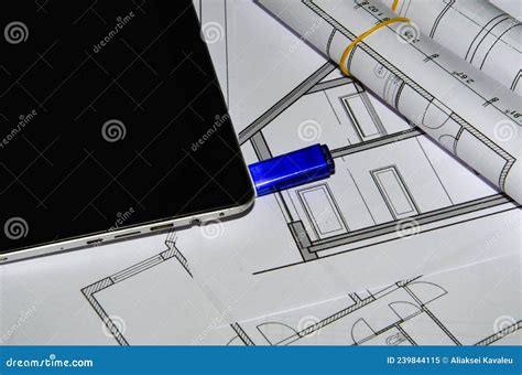 Architects Work Table With Technical Drawings And Tablet Computer Stock