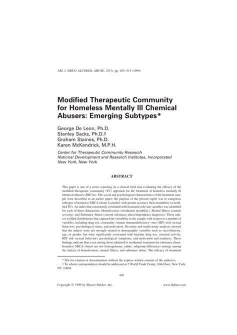 Pdf Modified Therapeutic Community For Homeless Mentally Ill Chemical