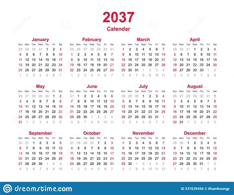 Calendar 2037 12 Months Yearly Vector Calendar In Year 2037