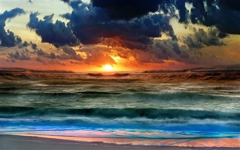 Clouds Sunset Water Sea Waves Beach Wallpaper Coolwallpapersme