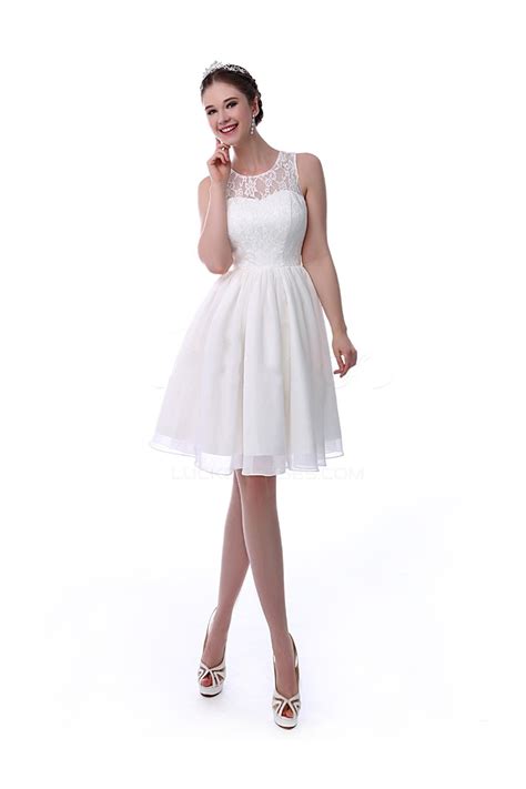 A Line Short White Lace And Chiffon Prom Evening Formal Party