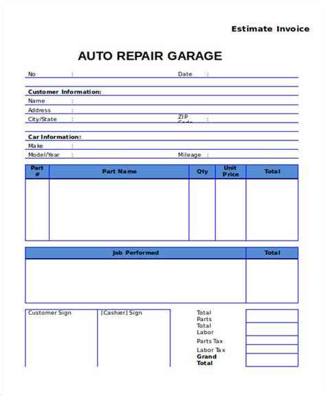 Free Printable Auto Repair Invoice Template