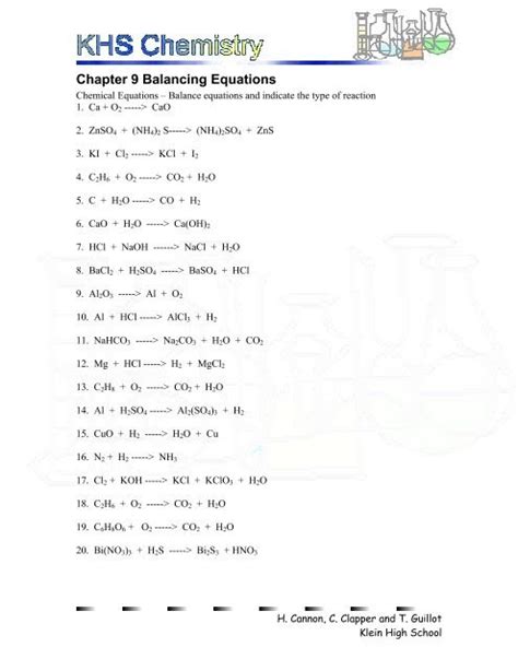 Balancing Equations And Types Of Reactions Worksheet Answers Types Of