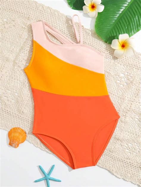 Shein Tween Girl Summer Beach Colorblock Asymmetrical Neck One Piece