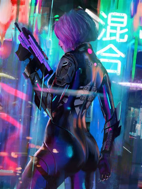 wallpaper women artwork digital art tony skeor drawing gun cyberpunk neon synthwave