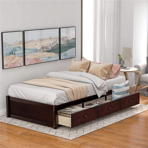 Churanty Twin Size Wood Platform Bed With 3 Drawers Storage Bedcherry