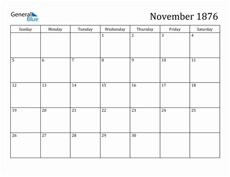 November 1876 Calendar Pdf Word Excel