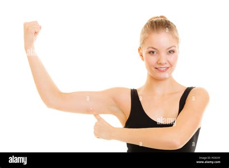 Fitness Woman Showing Energy Flexing Biceps Muscles Stock Photo Alamy