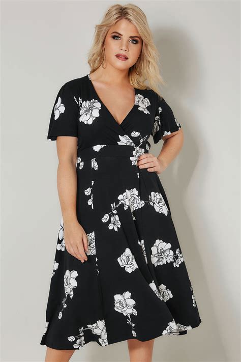 Black And White Floral Jersey Wrap Dress With Waist Tie Plus Size 16 To