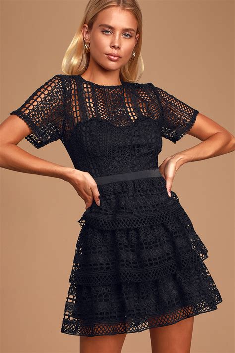 Pretty Black Crochet Lace Dress Short Sleeve Mini Dress Lbd Lulus