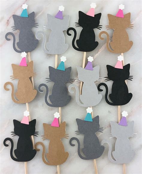 Kitty Cat Birthday Hat Cupcake Toppers 12 Cat Theme Etsy