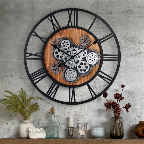 Lafocuse 23 Inch Wooden Real Moving Gears Wall Clocklarge Farmhouse