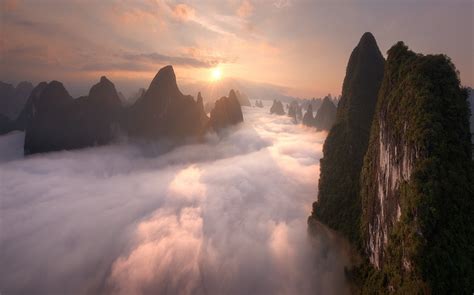 Wallpaper Sunlight Landscape Mountains Sunset Sea China Rock