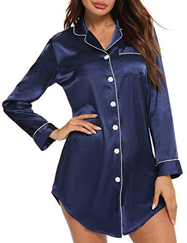 Swomog Womens Sexy Satin Nightshirt Long Sleeve Sleepshirt Silk Nightdress Button Down Pajama