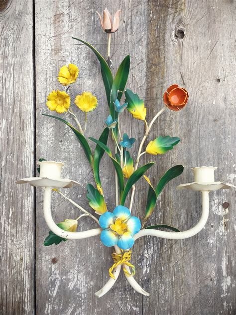 Vintage Tole Floral Candle Sconce Metal Wall Art Garden Decor