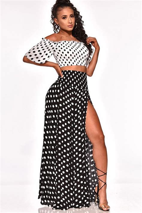 Off Shoulder Top With Skirt With Polka Dot Design And Short Sleeve