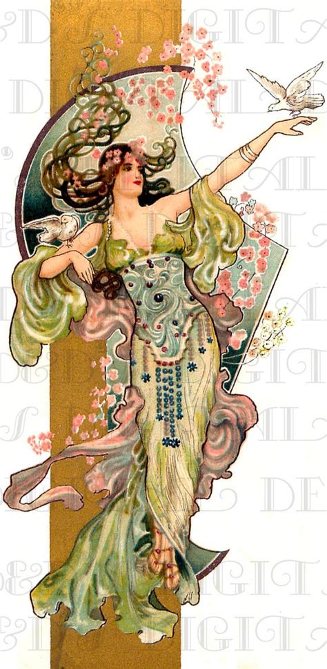 Enchanting Robed Art Nouveau Lady With Dove Vintage Digital Etsy