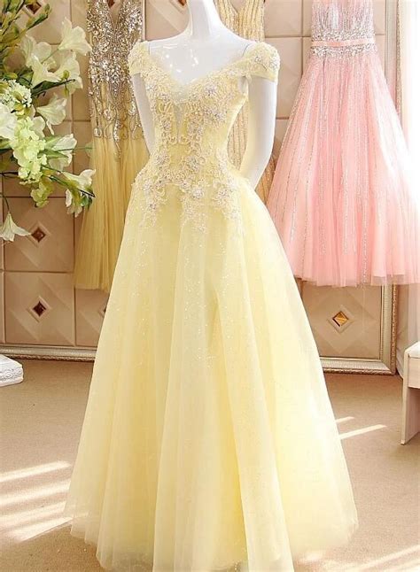 Light Yellow Tulle Cap Sleeves With Lace Applique Prom Dress Yellow Long Evening Dress Prom