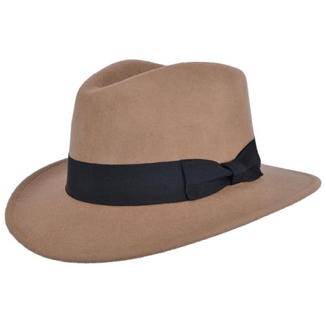 Gents Crushable Camel Indiana 100wool Felt Fedora Trilby Hat With Wide