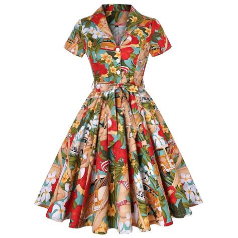 Hepburn Style Floral Print Vintage Clothes For Women Retro Short Sleeve Lace Up Big Swing Dress