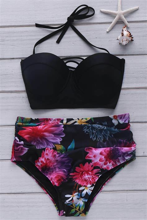 Strapless Floral Print High Waisted Bikini Set For Women Summer Bathing
