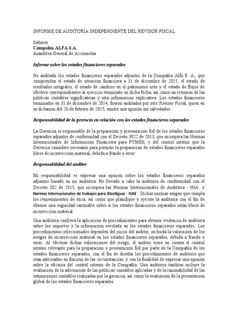 Informe De AuditorÍa Independiente Del Revisor Fiscal Refechado Pdf