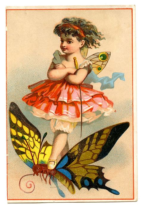 Vintage Image Cute Little Fairy On Butterfly The