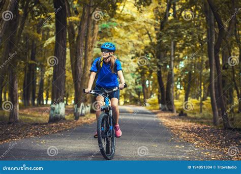 Woman Cyclist Rides Mountain Bike Forest Trails Stock Photo Image Of