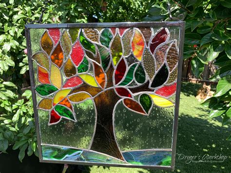 Stained Glass Autumn Tree Of Life Hanging Window Panel 15 Etsy Uk