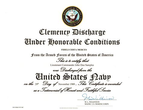 Clemency Discharge United States Navy Under Honorable Conditions