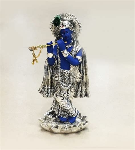 Fine Silver Krishna Sculpture Playing Bansuri 8 Inch Belirams