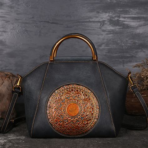 Women Genuine Leather Vintage Totem Designer Handbag Shoulder Bag