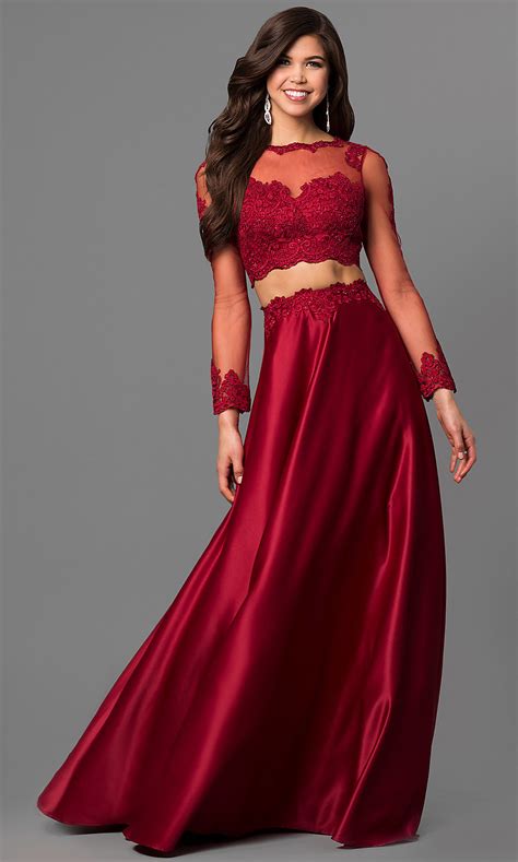 Sleeved Lace Bodice Two Piece Prom Dress Promgirl