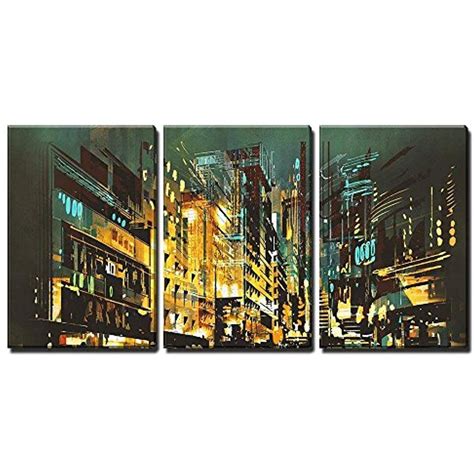 Wall26 Canvas Print Wall Art Set Paint Stroke Teal And Yellow Night