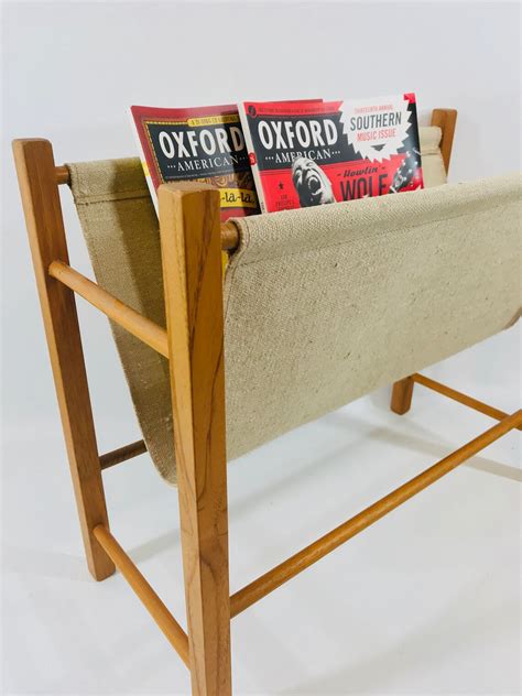 Mid Century Canvas Wood Magazine Rack In The Style Of Kai Etsy