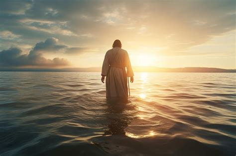 Premium Ai Image Jesus Walking In The Sea At Sunset