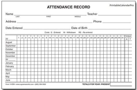 Attendance Printable Calendar Template Attendance Sheet Attendance