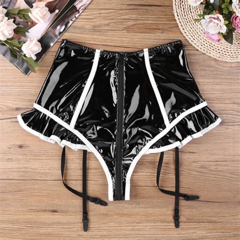 Women Latex Leather Rave Booty Shorts Zip Up Hot Pants Boxer Briefs