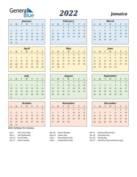 2022 Jamaica Calendar With Holidays