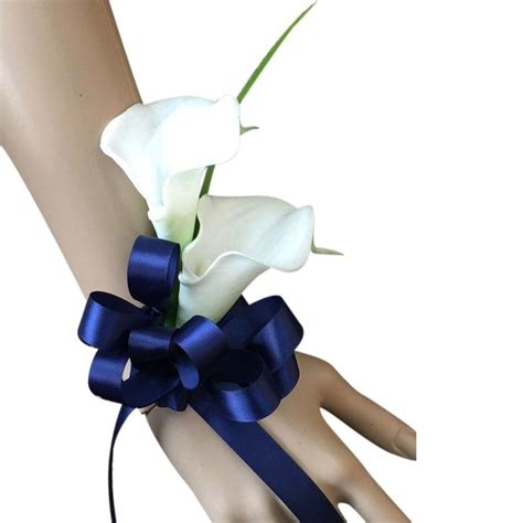 Angel Isabella Wrist Corsage Natural White Calla Lily With Navy Blue