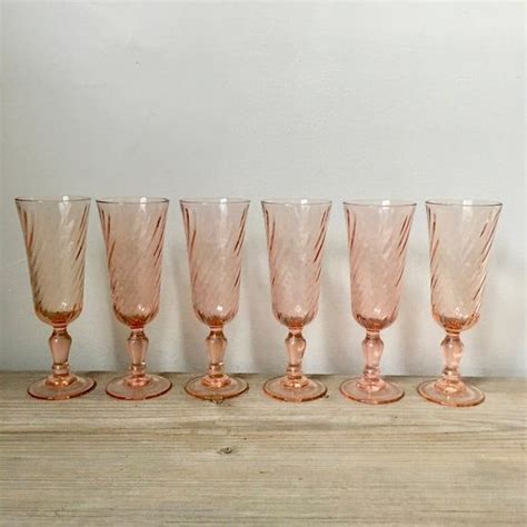 six pink swirl vintage champagne flutes arcoroc luminarc rosaline pattern authentic