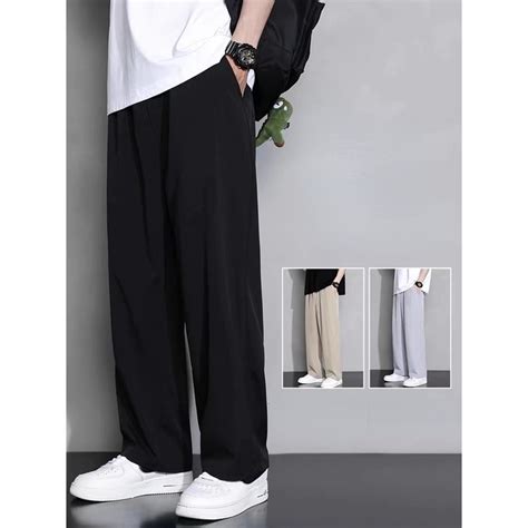 Mens Ice Silk Mop Pants Summer Thin Korean Style Trendy Black Casual